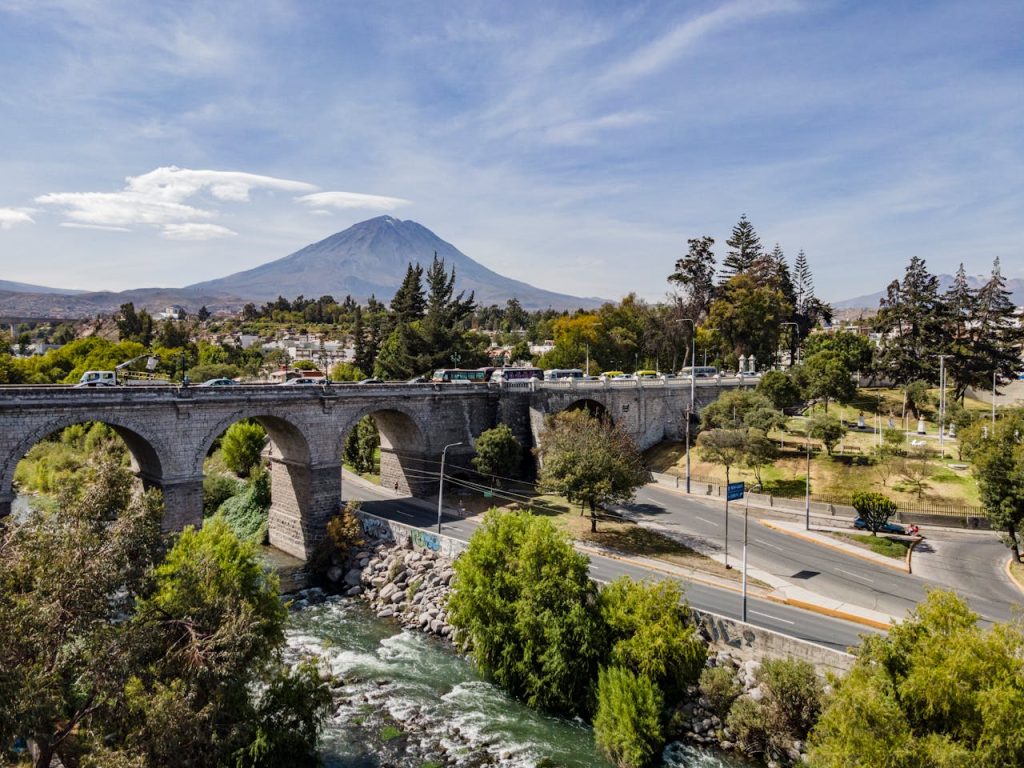 Aerial view of Puente Grau with El Misti in the background, Arequipa, Peru.